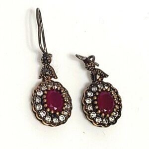 Vintage Antique Boho Sterling Silver Oval Ruby Crystal Halo Earrings